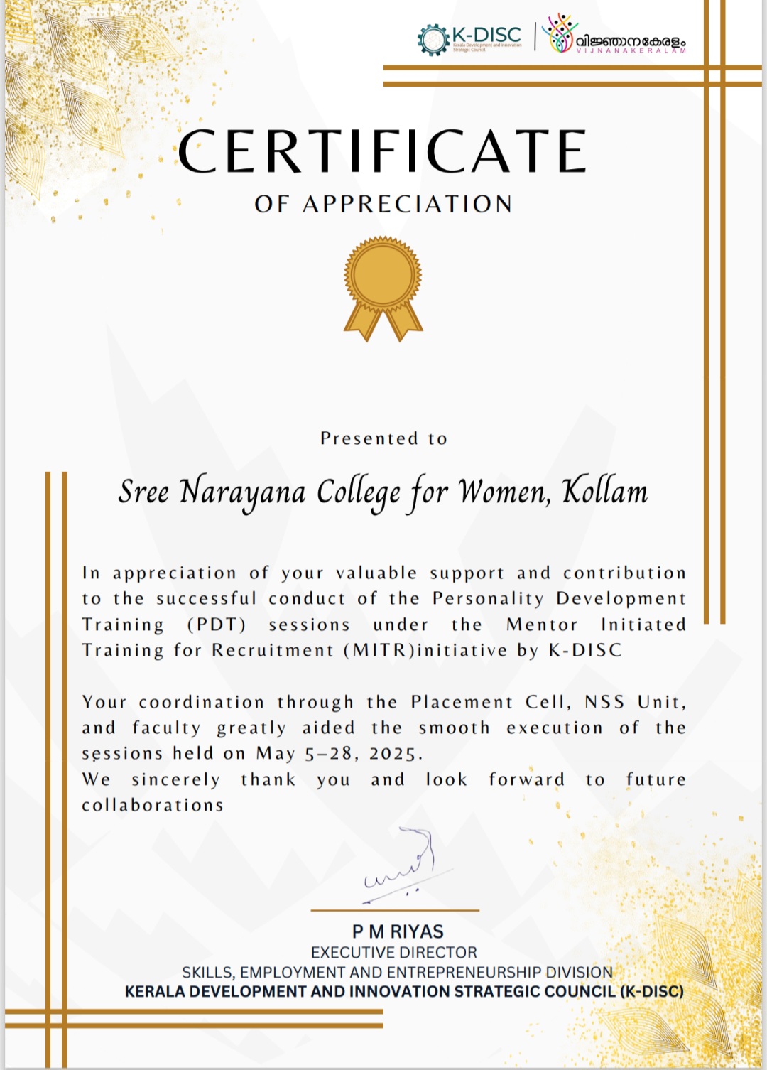 Certificate of Appreciation from K-DISC