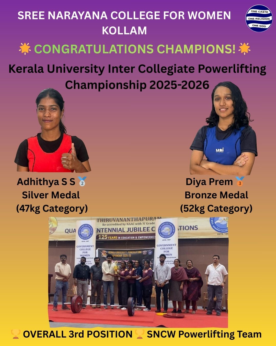 Congratulations Champions! Kerala University Inter Collegiate Powerlifting Championship 2025-2026