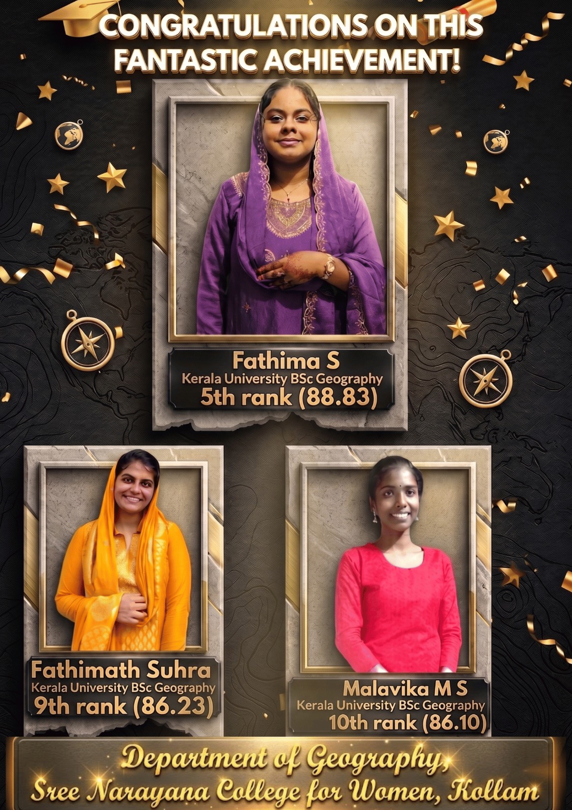 Department of Geography Students Secure 5th, 9th & 10th Ranks in Kerala University BSc Geography