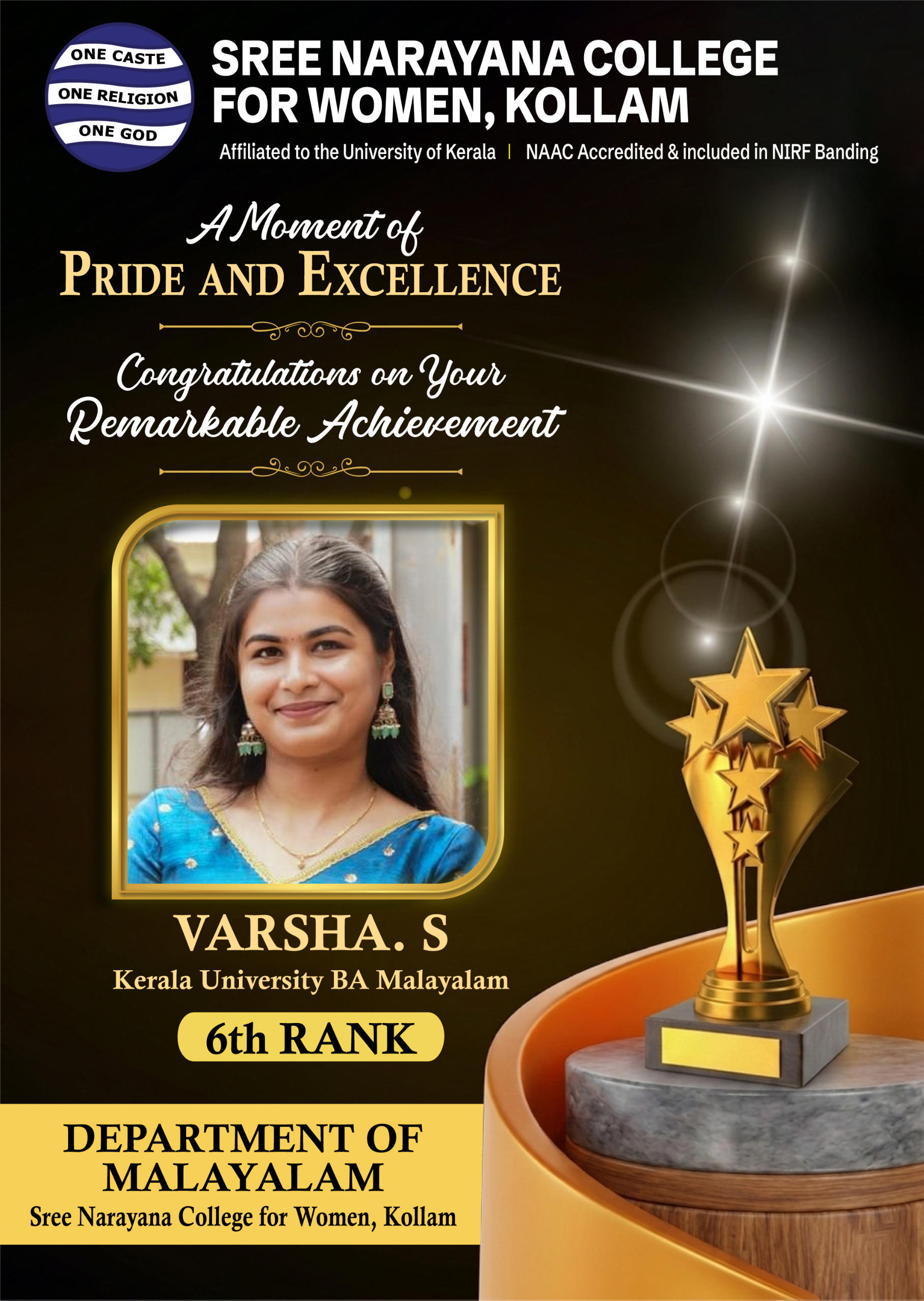 Varsha. S Secures 6th Rank in Kerala University BA Malayalam