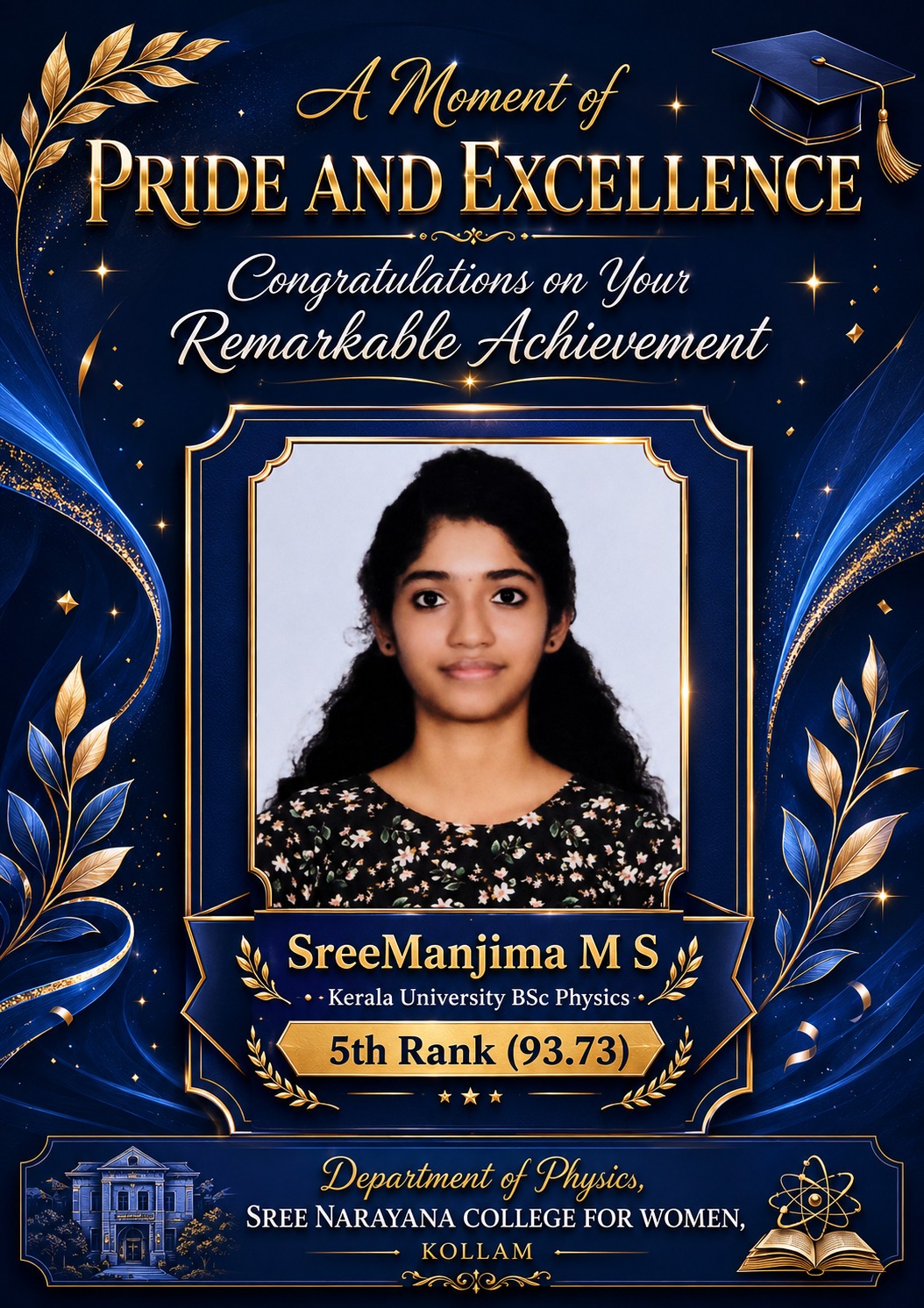 Sree Manjima M S Secures 5th Rank in Kerala University BSc Physics