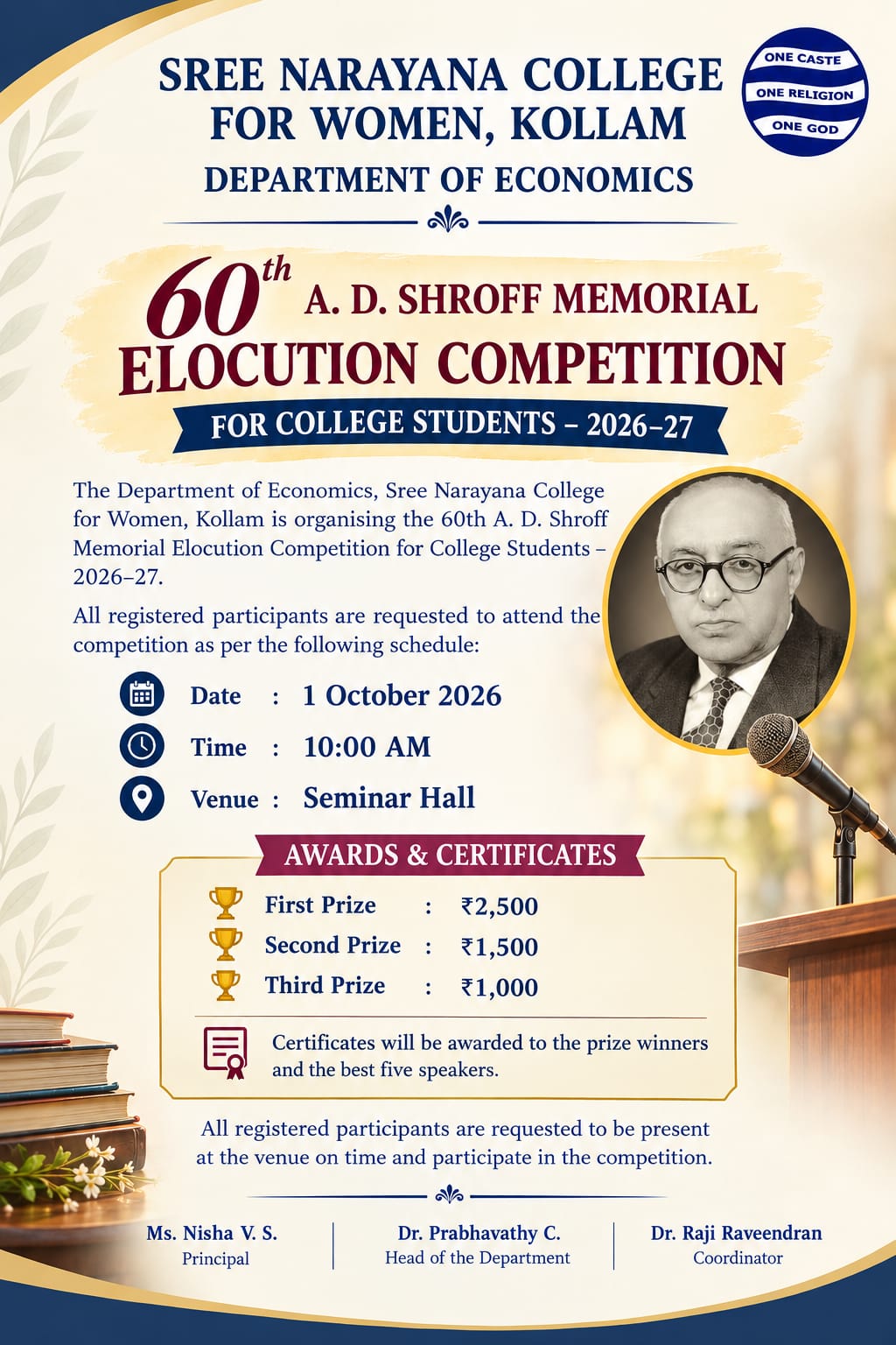 60th A. D. Shroff Memorial Elocution Competition 2026–27 – Notice to Registered Participants